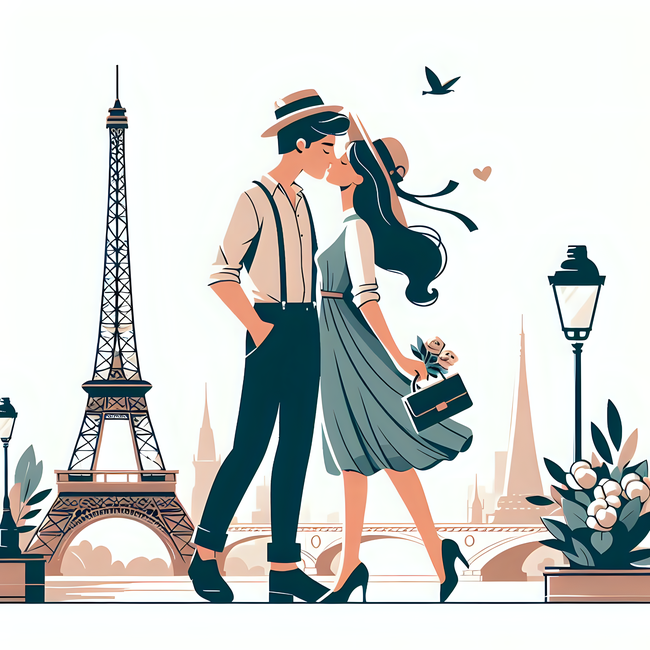 巴黎恋人浪漫接吻卡通插画高清图片