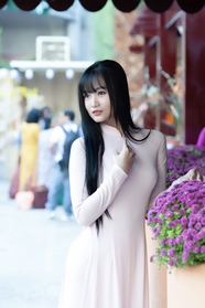 越南粉色奥黛旗袍美女街拍摄影图片