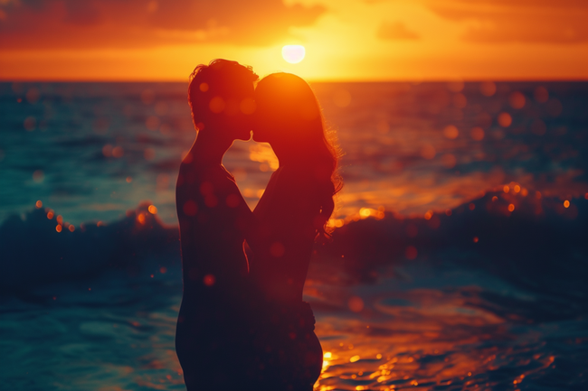 日暮黄昏海边浪漫相拥情侣摄影图片