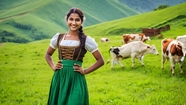 绿色牧场奶牛和挤奶女工摄影图片