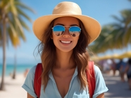 夏日海边沙滩戴墨镜背包旅行美女图片
