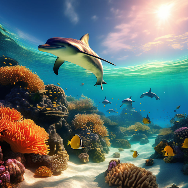 唯美蓝色海洋珊瑚海鱼海豚写真精美图片
