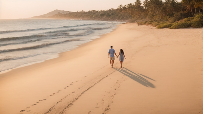 夏日海边情侣漫步海滩写真高清图片