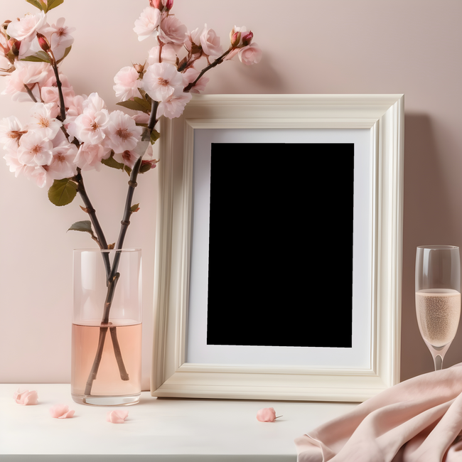 桌角粉色插花白色木制相框精美图片