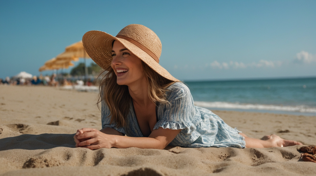 夏日海边沙滩遮阳帽美女摄影图片大全