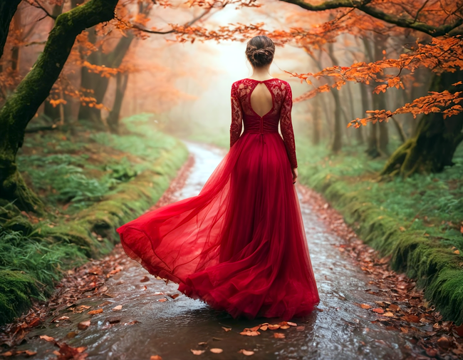 秋季雨后意境红色婚纱美女背影图片下载