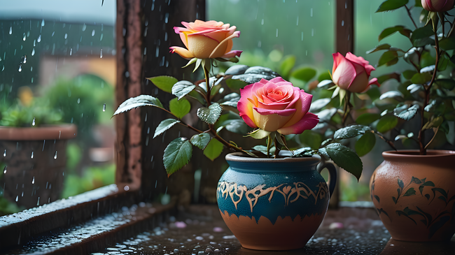 下雨天窗台月季盆栽花卉精美图片