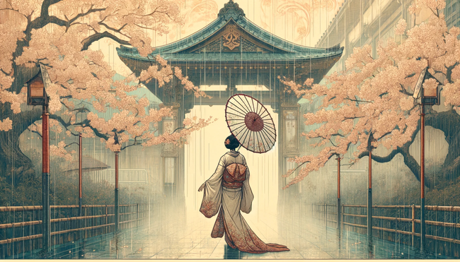 撑着油纸伞的日本和服美女插画图片