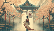 撑着油纸伞的日本和服美女插画图片