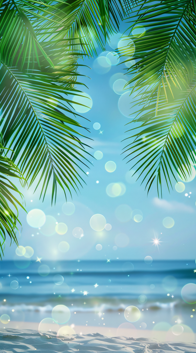 夏日海边波光粼粼椰叶背景精美图片