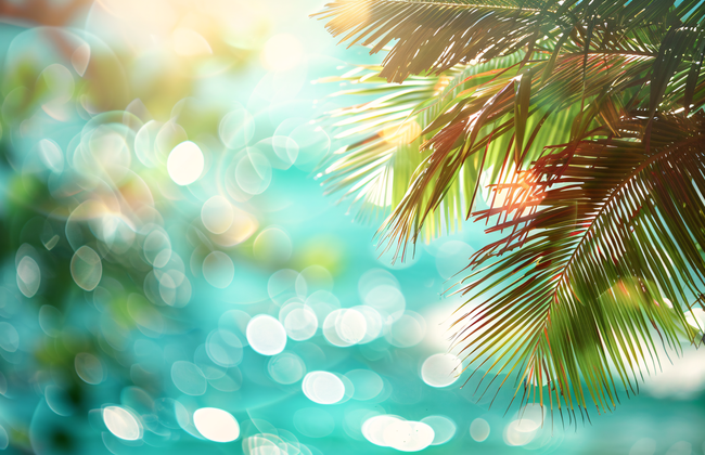 夏日波光粼粼海水棕榈树叶背景图片大全