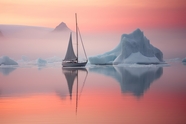 日暮黄昏冰山湖泊帆船风光摄影图片