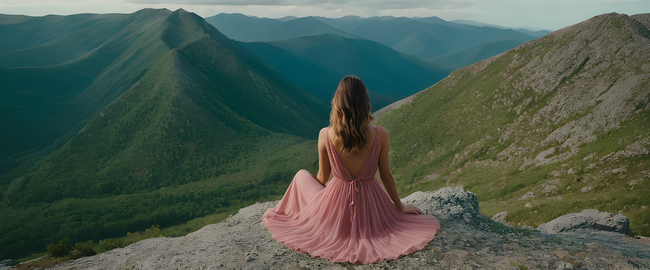 美女坐在山顶山看俯瞰风景背影图片下载