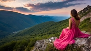坐在高山上的粉色裙装美女背影图片