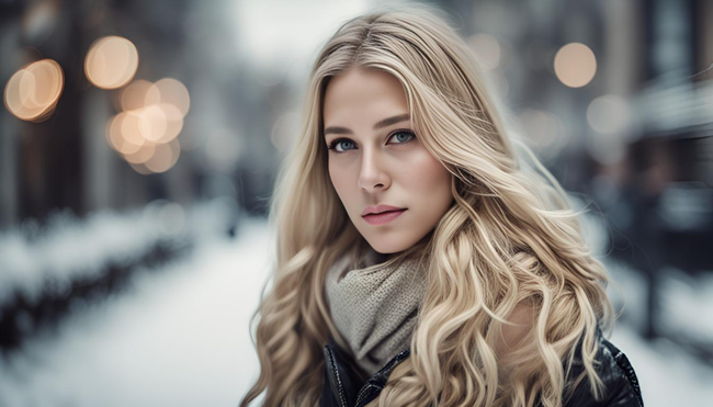 冬季街头金色卷发美女摄影图片