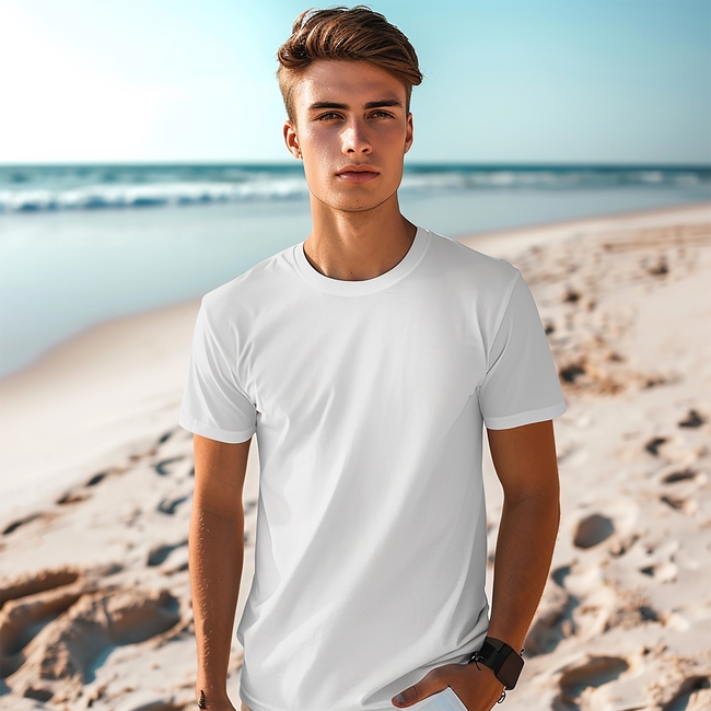 夏日海边沙滩年轻帅气白T恤帅哥图片