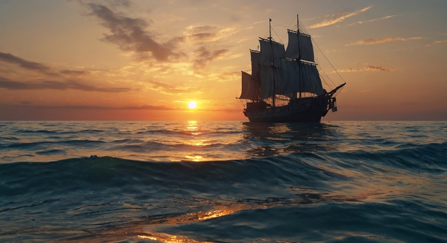 日暮黄昏海上帆船远洋摄影图片