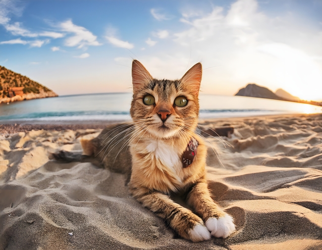夏日海边沙滩阳光浴萌猫咪图片