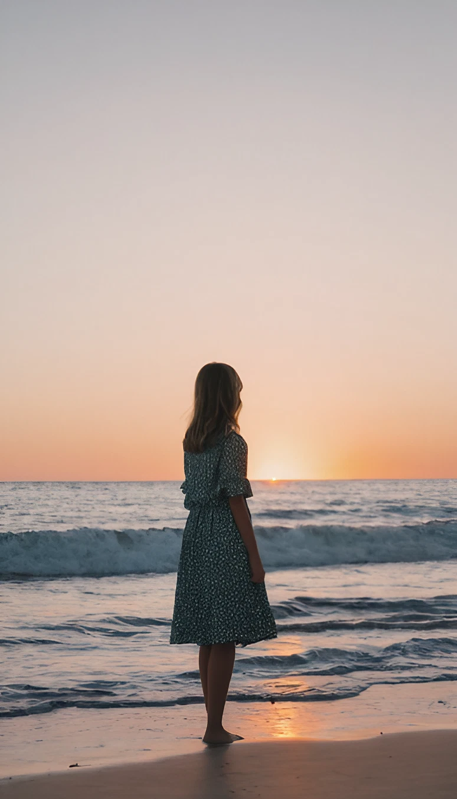 黄昏大海海边看海美女背影图片