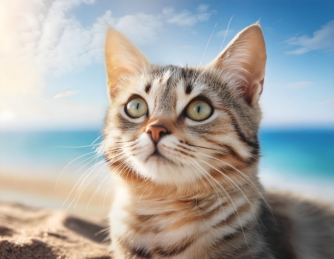 海边沙滩仰望天空的小猫咪图片