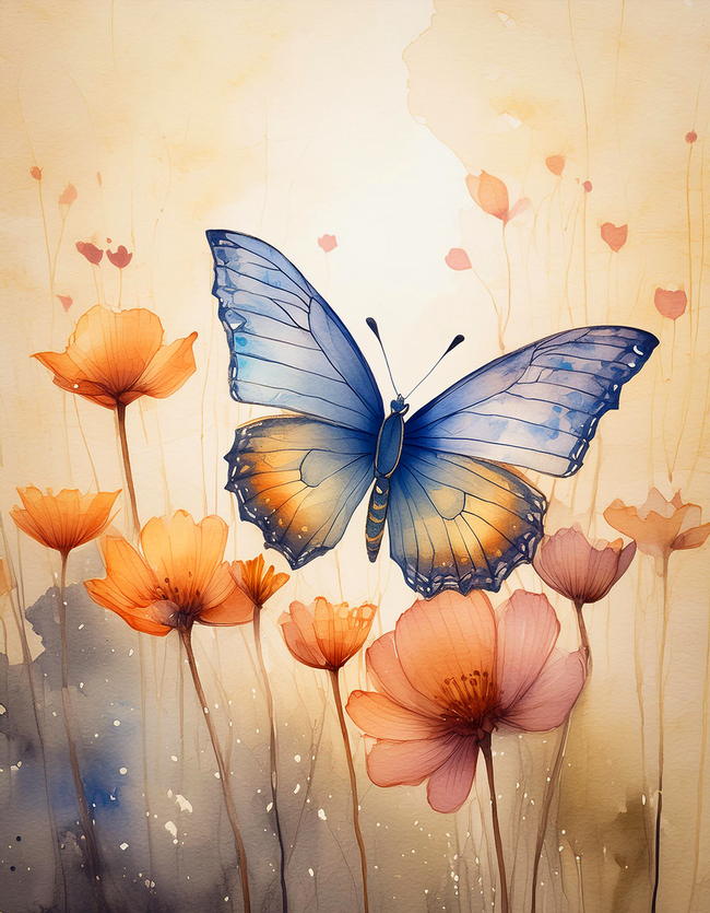 蝴蝶鲜花水彩画设计图片