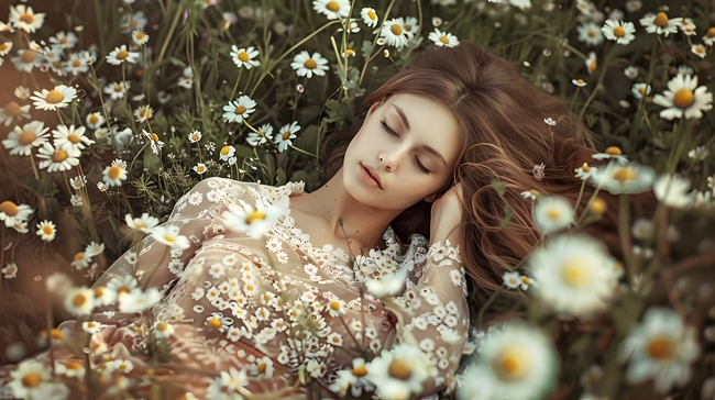 欧美美女躺在雏菊花海中图片