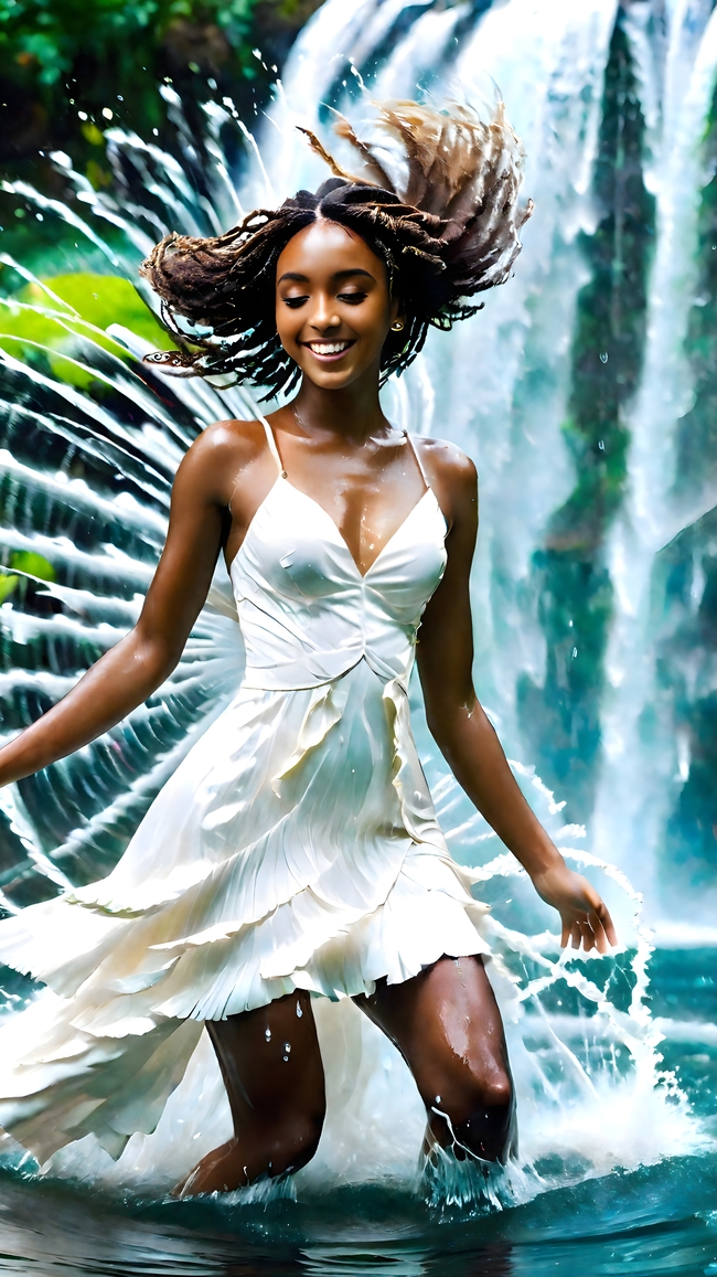 山水瀑布性感湿身诱惑黑人美女人体摄影