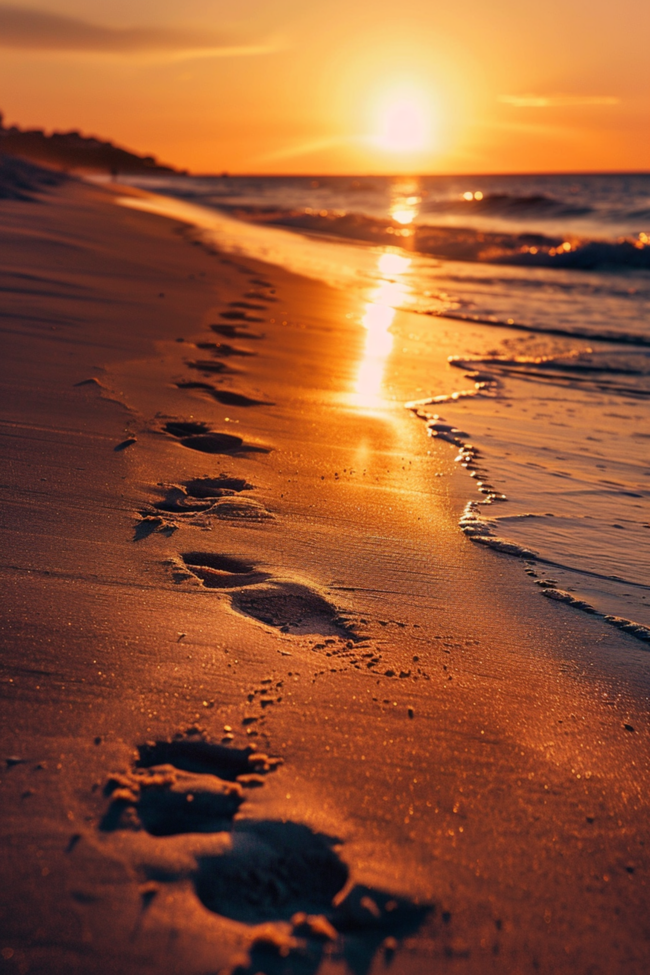 日暮黄昏海滩夕阳脚印写真图片大全