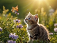 阳光下花草丛蝴蝶小猫摄影图片