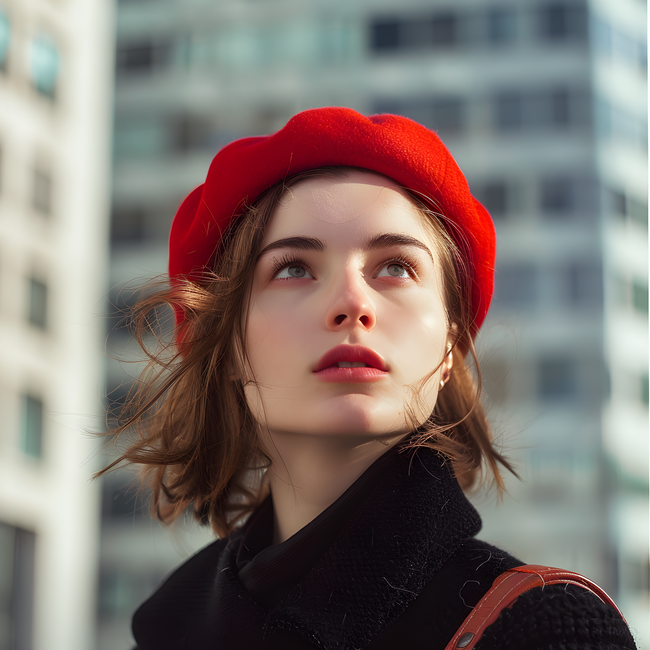 欧美时尚戴着红色贝雷帽美女精美图片