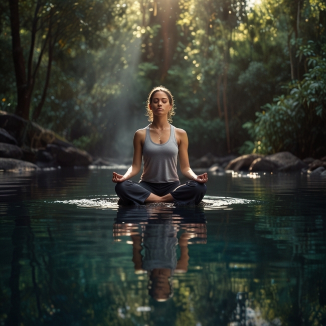 美女树林溪流中盘腿打坐冥想瑜伽图片