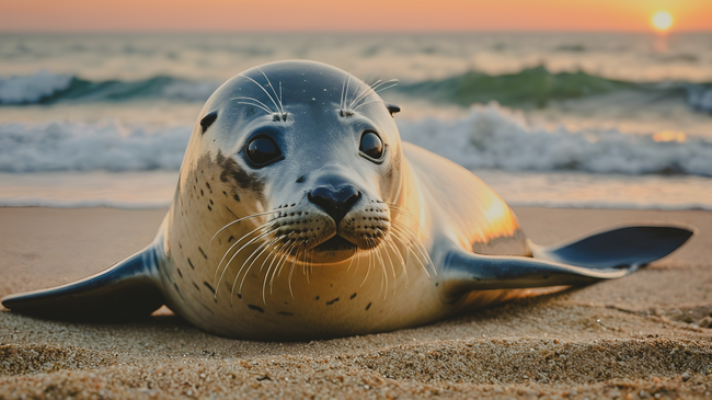日暮黄昏海边沙滩海豹摄影图片