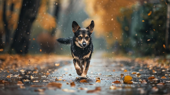 秋天雨中奔跑的小狗图片