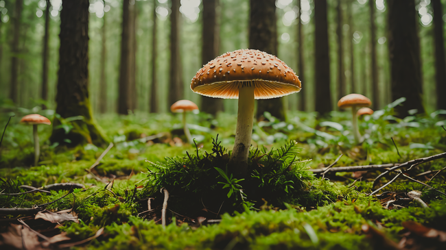 绿色原始森林草地蘑菇摄影图片