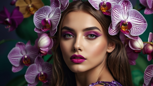 戴着紫色蝴蝶兰的欧美美女图片