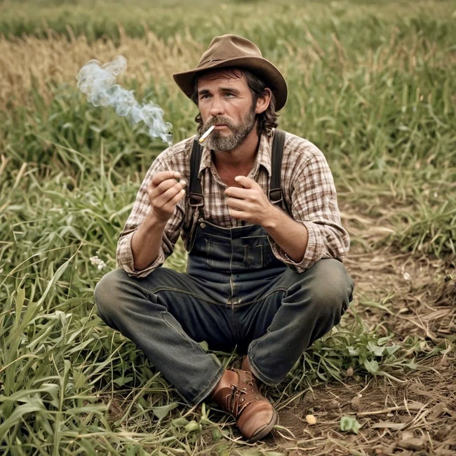 坐在原野上吸烟的欧美农民图片