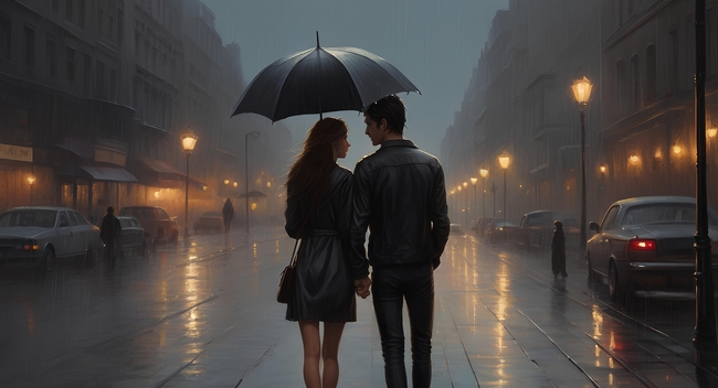 夜幕降临雨中共撑一把伞情侣图片