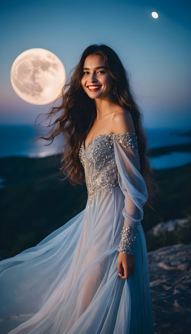 唯美月圆之夜蓝色婚纱美女摄影图片