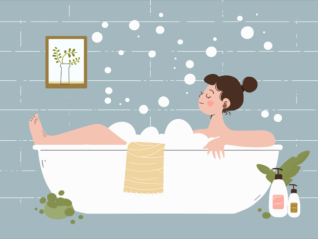 美女浴室泡澡卡通插画设计图片