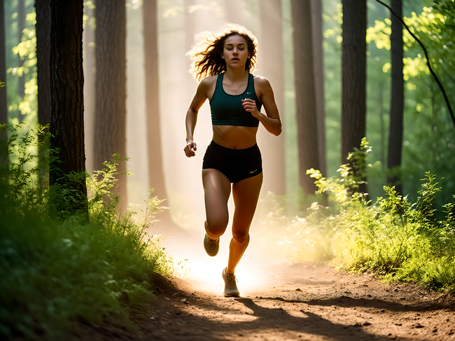 清晨树林美女跑步运动摄影图片