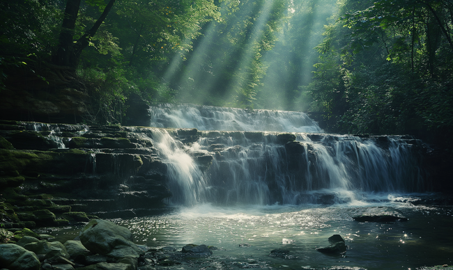 阳光照耀下的热带雨林瀑布图片