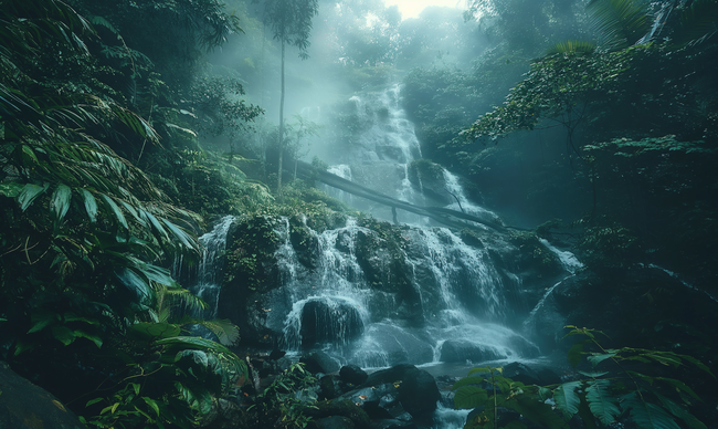 绿色山水丛林瀑布风景摄影图片