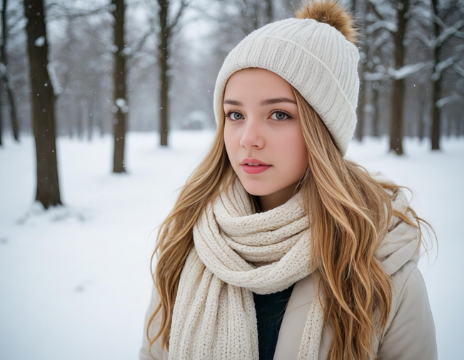 冬季白色雪地树林美女写真摄影图片