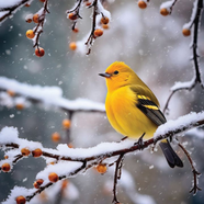 唯美冬季雪花纷飞枝头黄翅雀图片