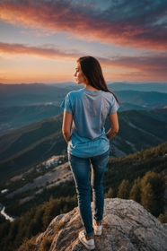 黄昏美女站在山顶俯瞰风景背影图片