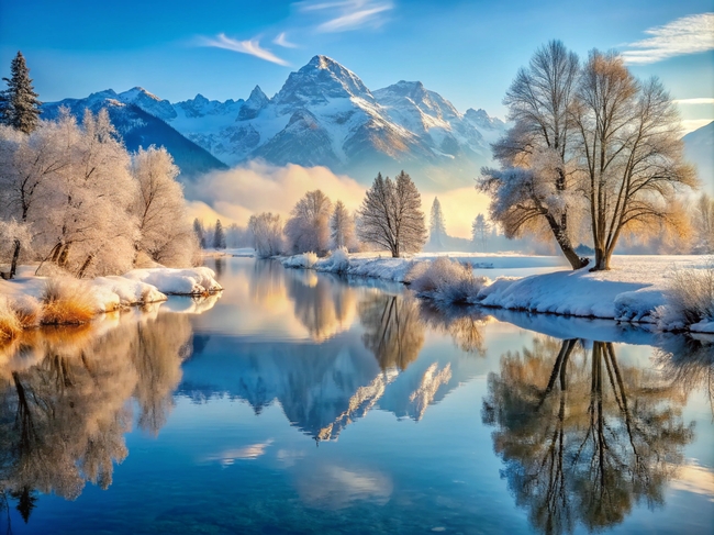 冬季山水湖泊雪景图片