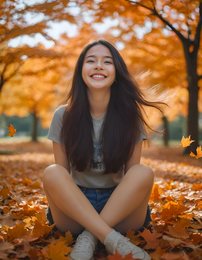 秋天树林满地落叶美女摄影图片