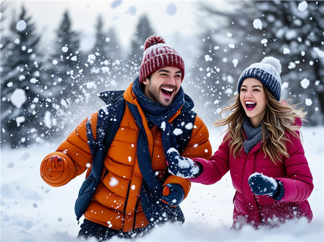 冬季雪地打雪仗欧美情侣图片