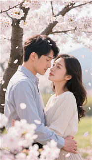 樱花树下浪漫相拥情侣摄影图片