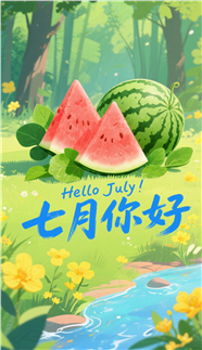 七月你好卡通插画海报设计图片